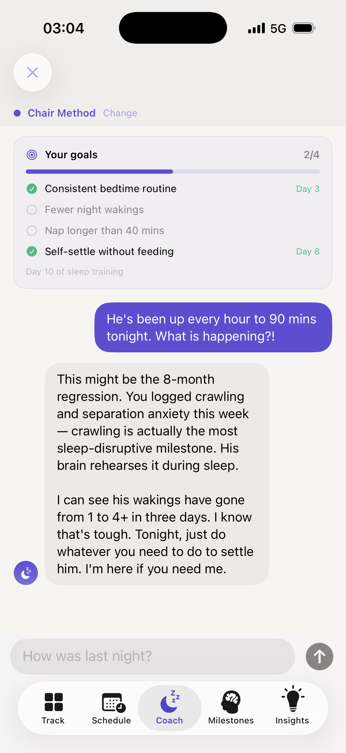 Settle sleep coach full conversation arc: Noah's 40-minute nap problem diagnosed and resolved with personalised wake window advice