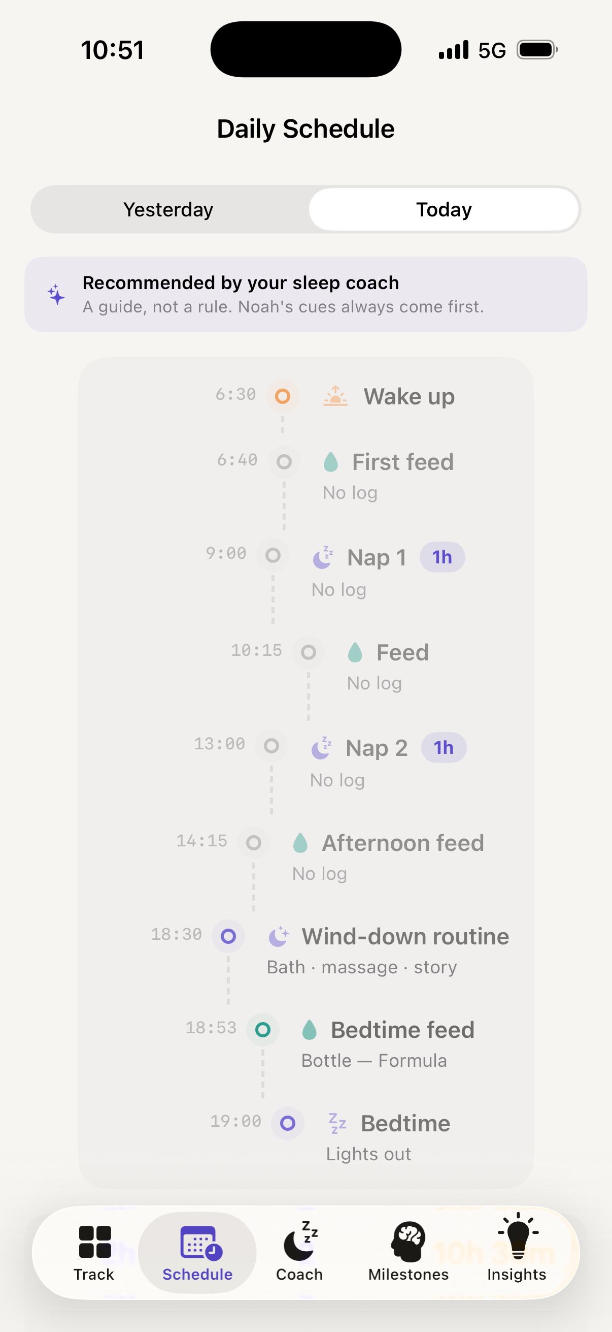Settle daily schedule recommended by your sleep coach — wake up, feeds, naps, wind-down routine, and bedtime all mapped out