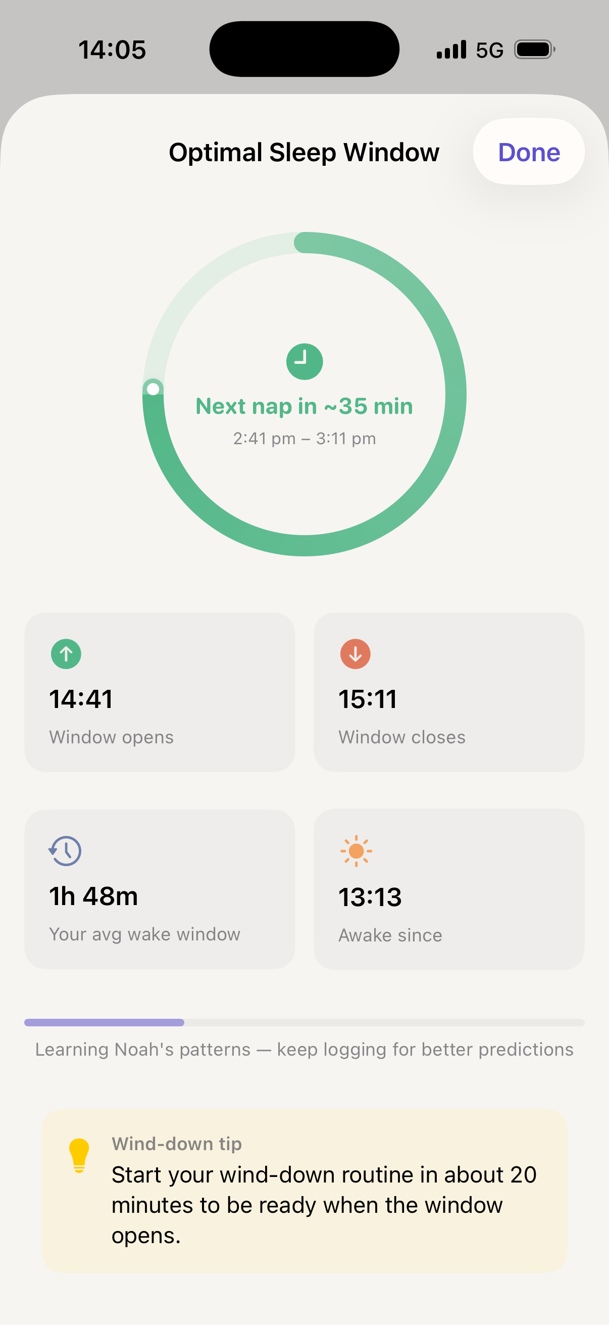 Settle optimal wake window card showing 34 minutes until Noah's next nap window, with personalised countdown based on his last 7 days