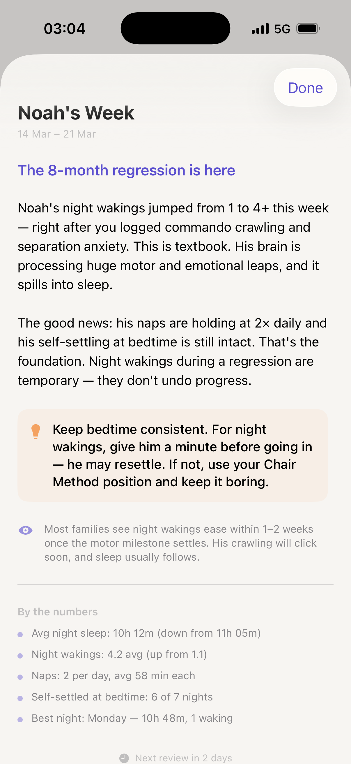 Settle weekly sleep story analysing Noah's 8-month regression — personalised coaching, action plan, and stats